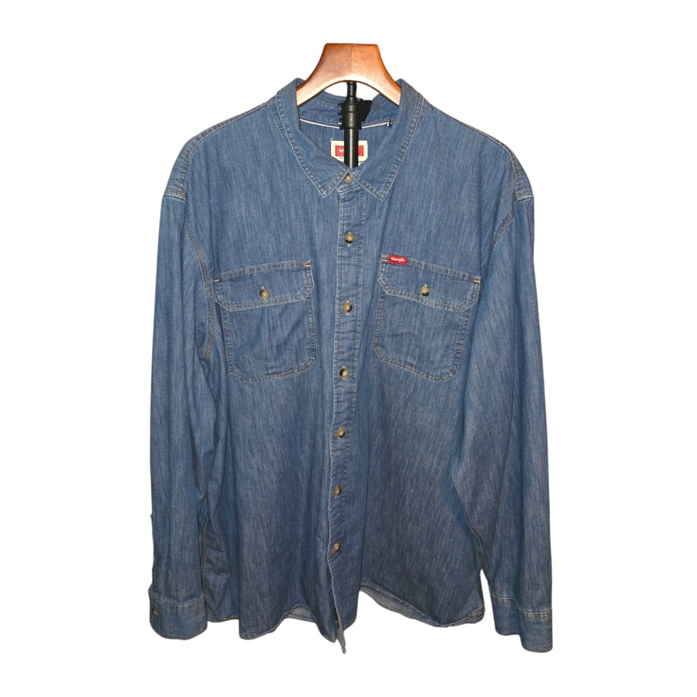 Wrangler Chambray Button Down Shirt Mens 2XL Blue Long Sleeve Workwear 112359126